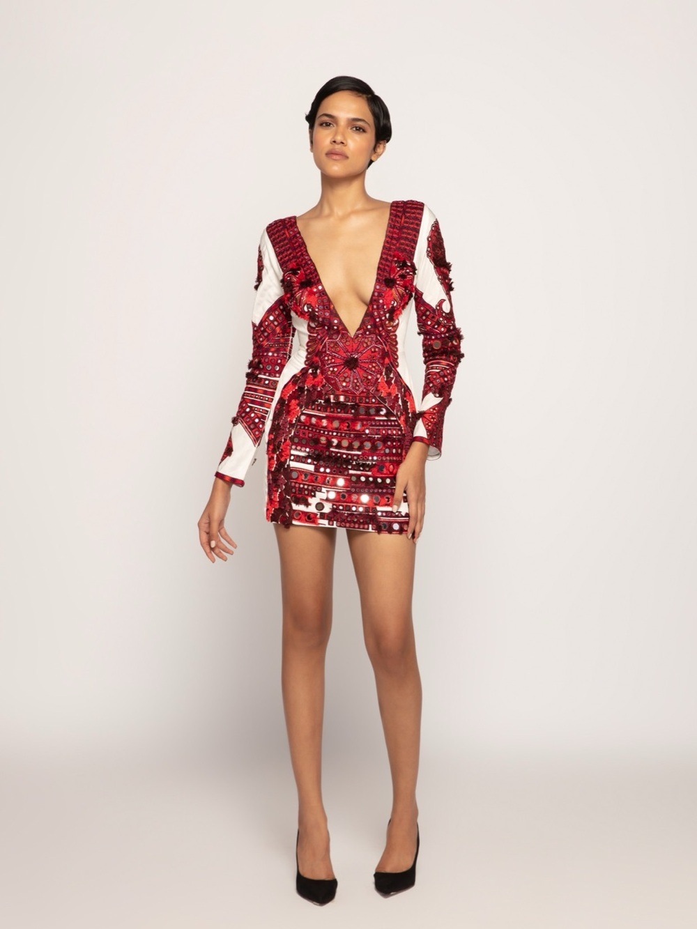 Saaksha & Kinni Red Mirror Embroidered Mini Dress NWT Size Small $1195 CURRENT